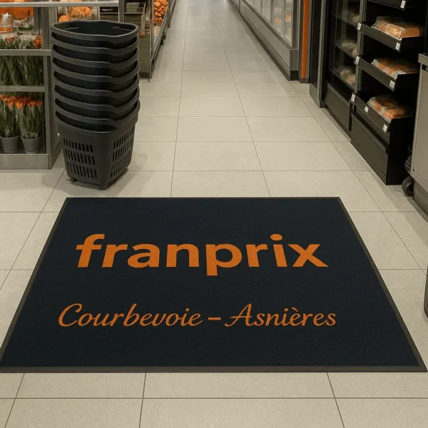 Tapis logo en fibre recyclée avec logo dans un supermarché Franprix