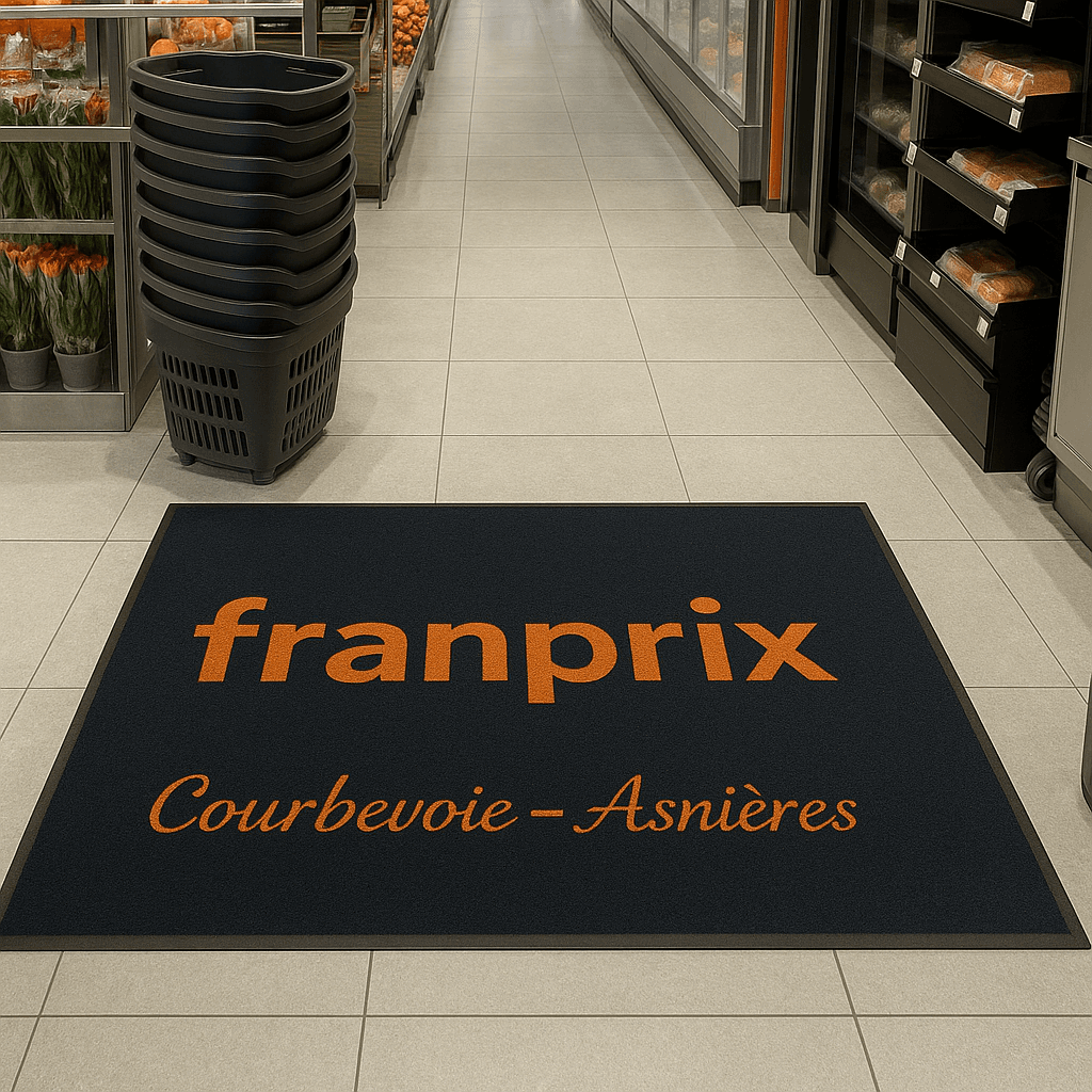Tapis logo en fibre recyclée avec logo dans un supermarché Franprix